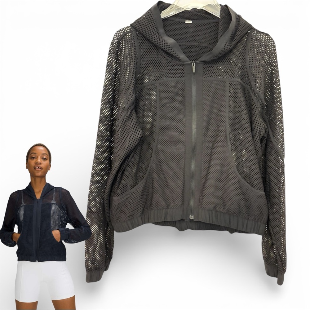 Lululemon Relaxed Fit Mesh Jacket Women’s Size 10 Black Full Zip Hooded EUC